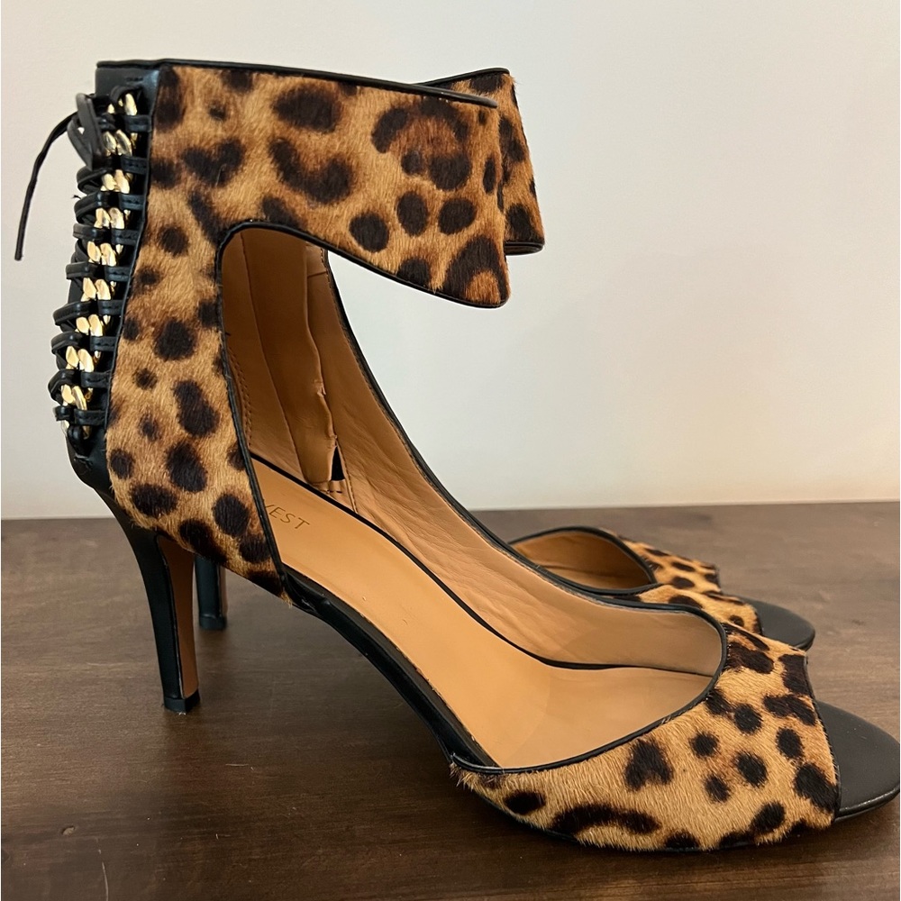 Like New Nine West Heels Leopard Calf Hair Braided Leather & Gold Trim Sz 12